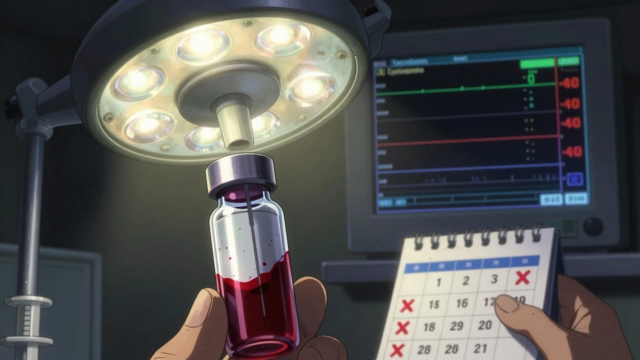 Close-up of blood test vial and drug level monitor in hospital lighting.