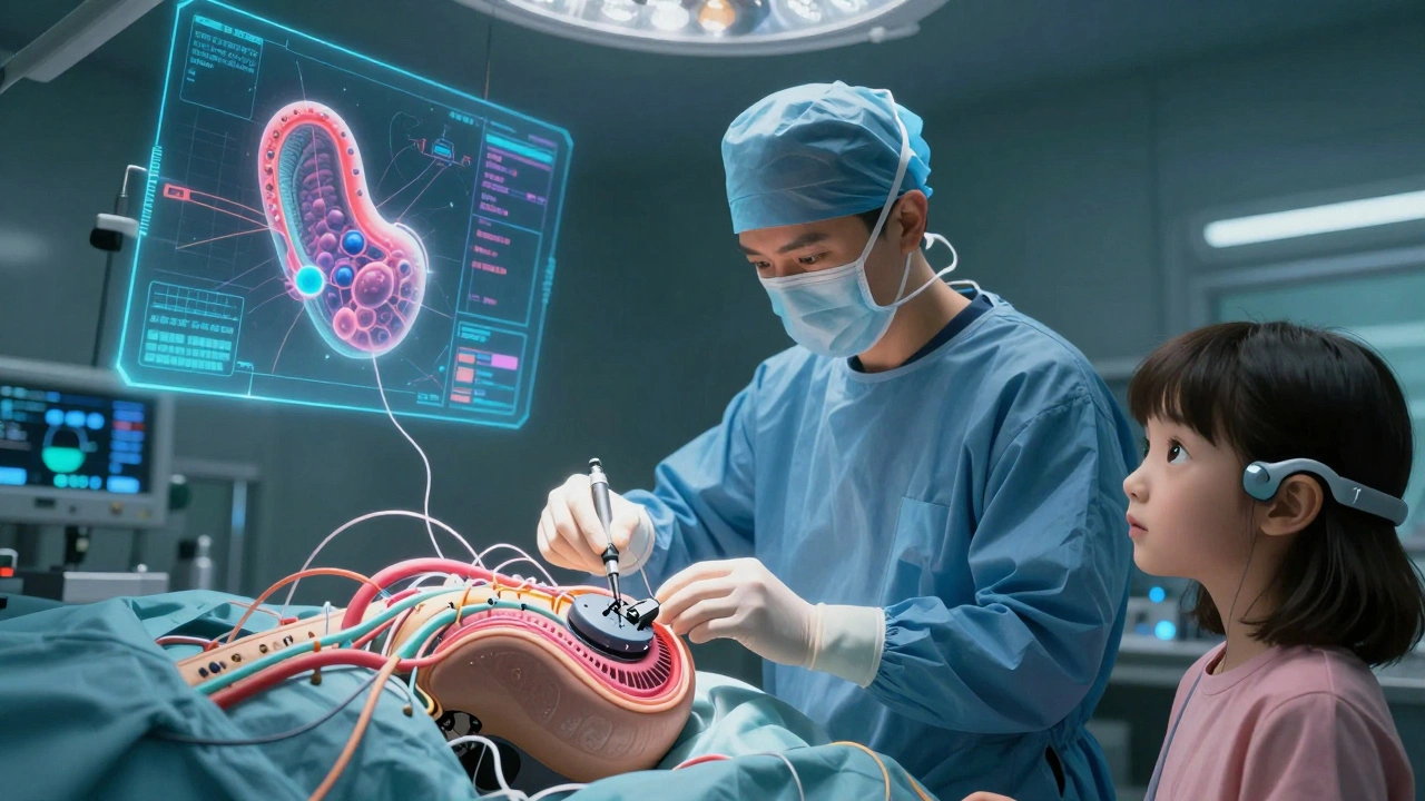 Cochlear implant surgery with glowing nanowires and holographic regeneration, set in a cyberpunk medical room.