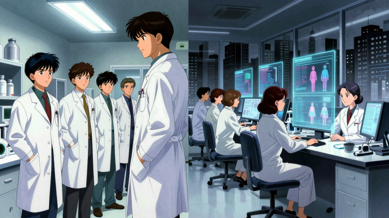 Contrasting past and present bioequivalence studies: old all-male lab vs modern inclusive one.