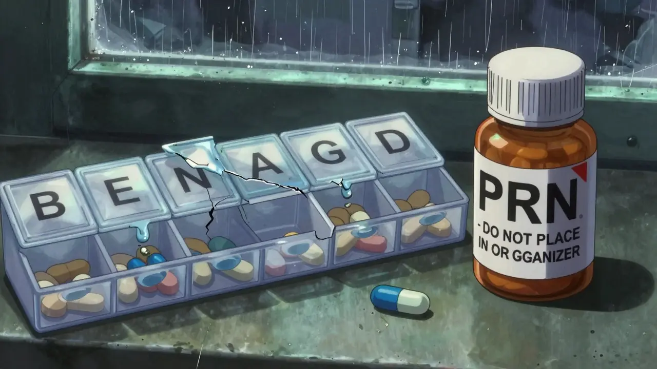 Cracked old pill organizer with stuck pills beside a clearly labeled 'PRN' bottle, warning sticker visible.