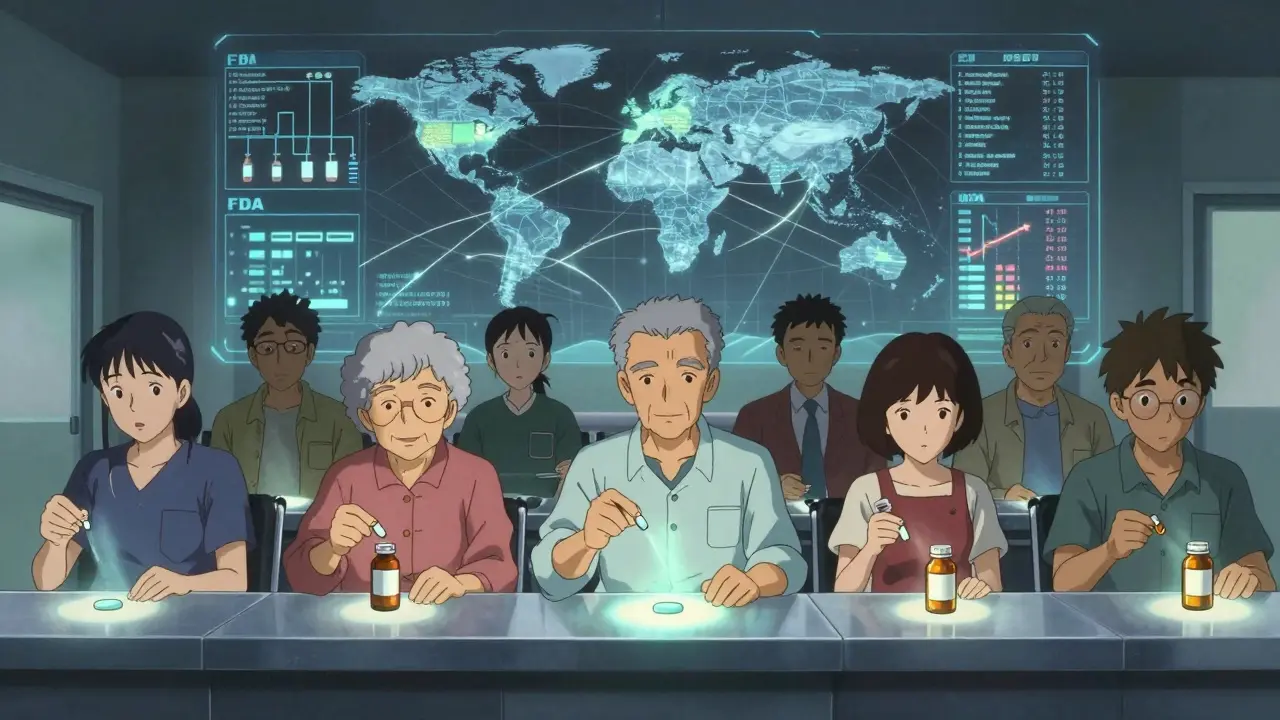 Diverse patients in a clinic, each holding generic meds, with glowing supply chain networks above.