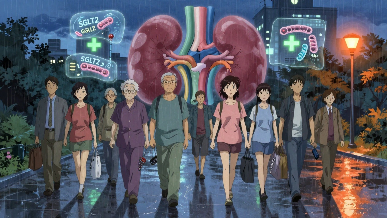 Diverse patients walking at dusk, their shadows becoming healthy organs, with floating diagrams of SGLT2 inhibitors blocking sugar.