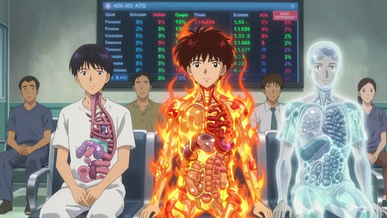 Diverse patients with internal immune overlays showing varying antibody responses in a hospital setting.