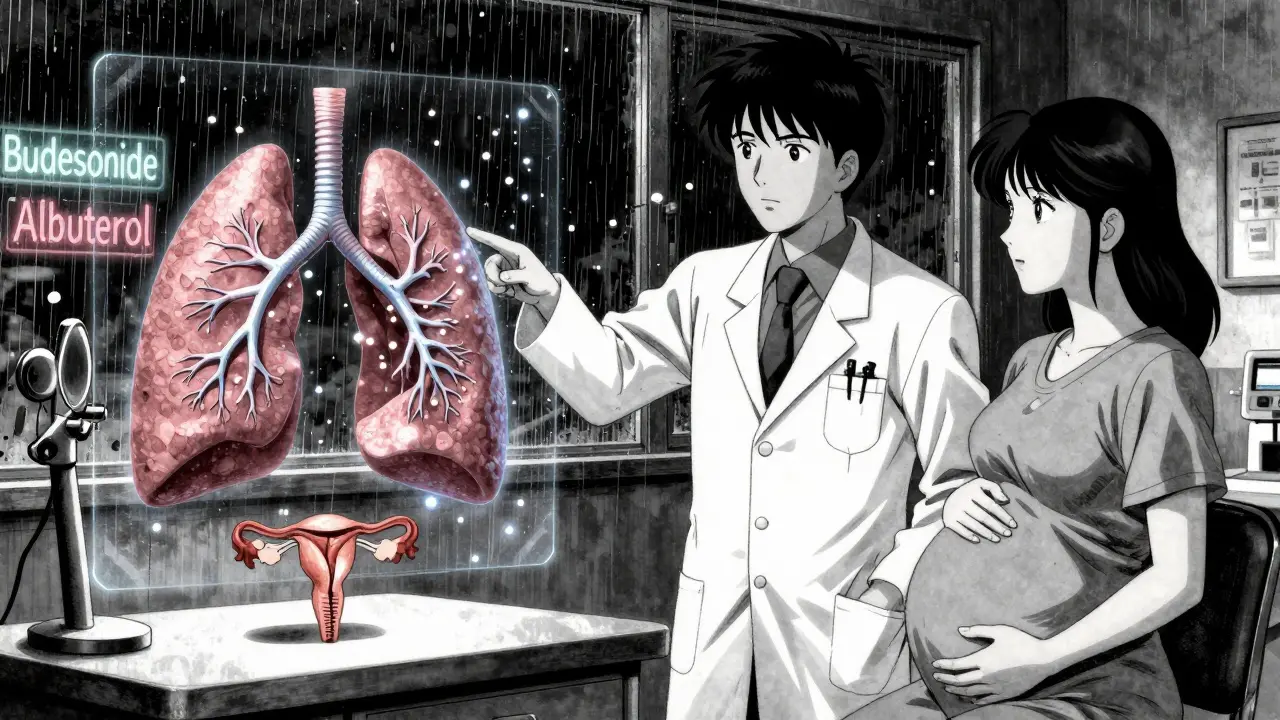 Doctor explaining asthma medication safety using a holographic lung model during a nighttime hospital visit.