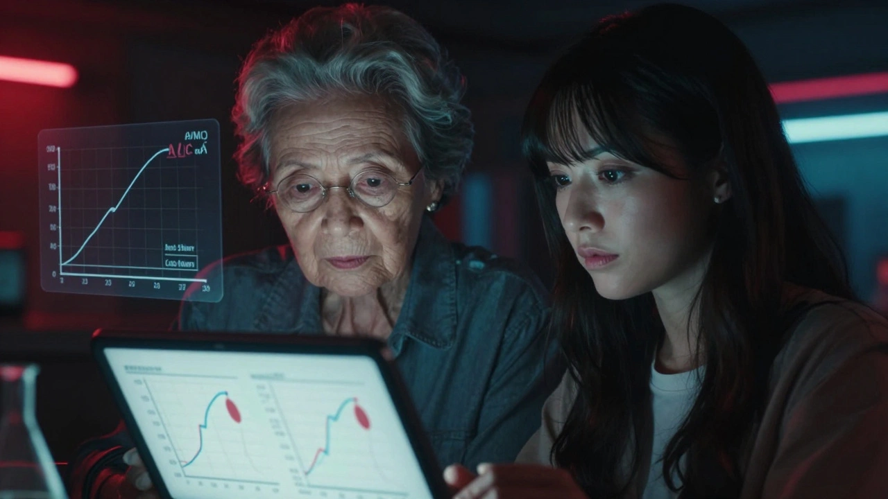 Elderly and young woman viewing sex-specific drug metabolism data on a glowing tablet.