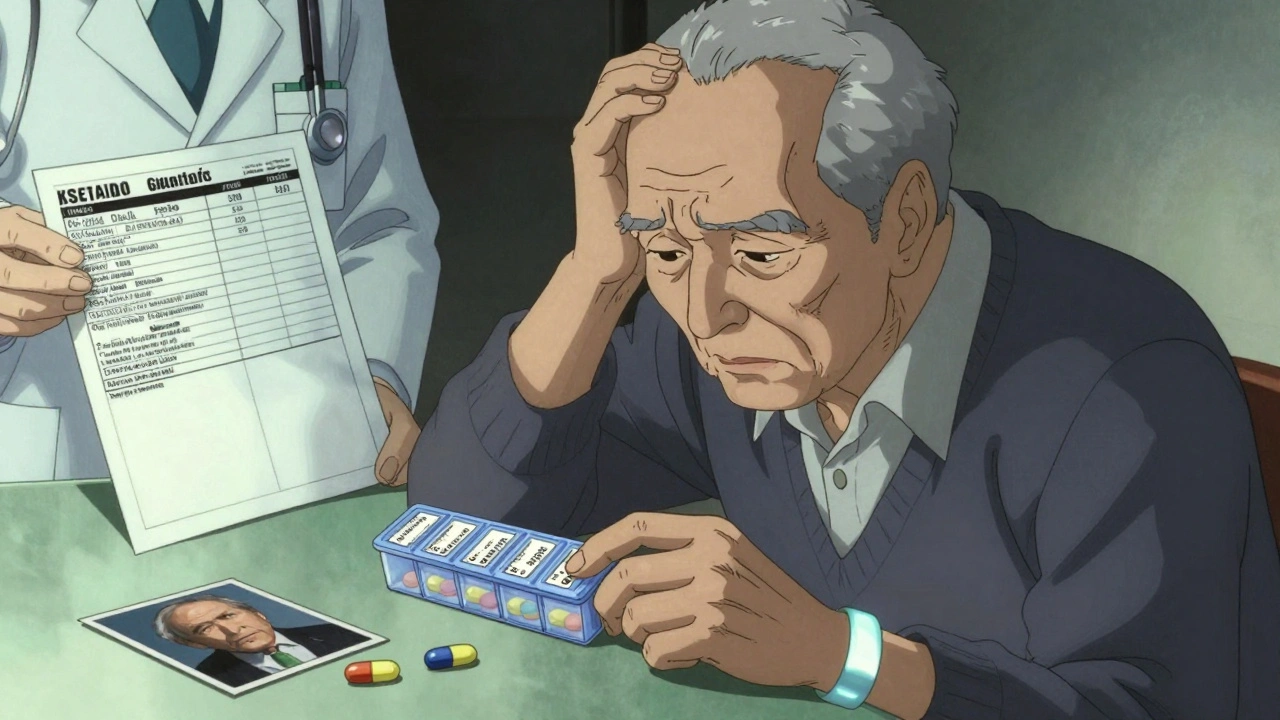 Elderly man confused by changing pill shapes, pharmacist holding visual comparison image.