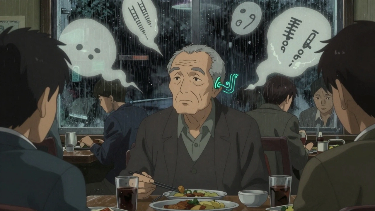 Elderly man isolated at a noisy dinner table, ghostly distorted speech bubbles around him, hearing aid glowing faintly.
