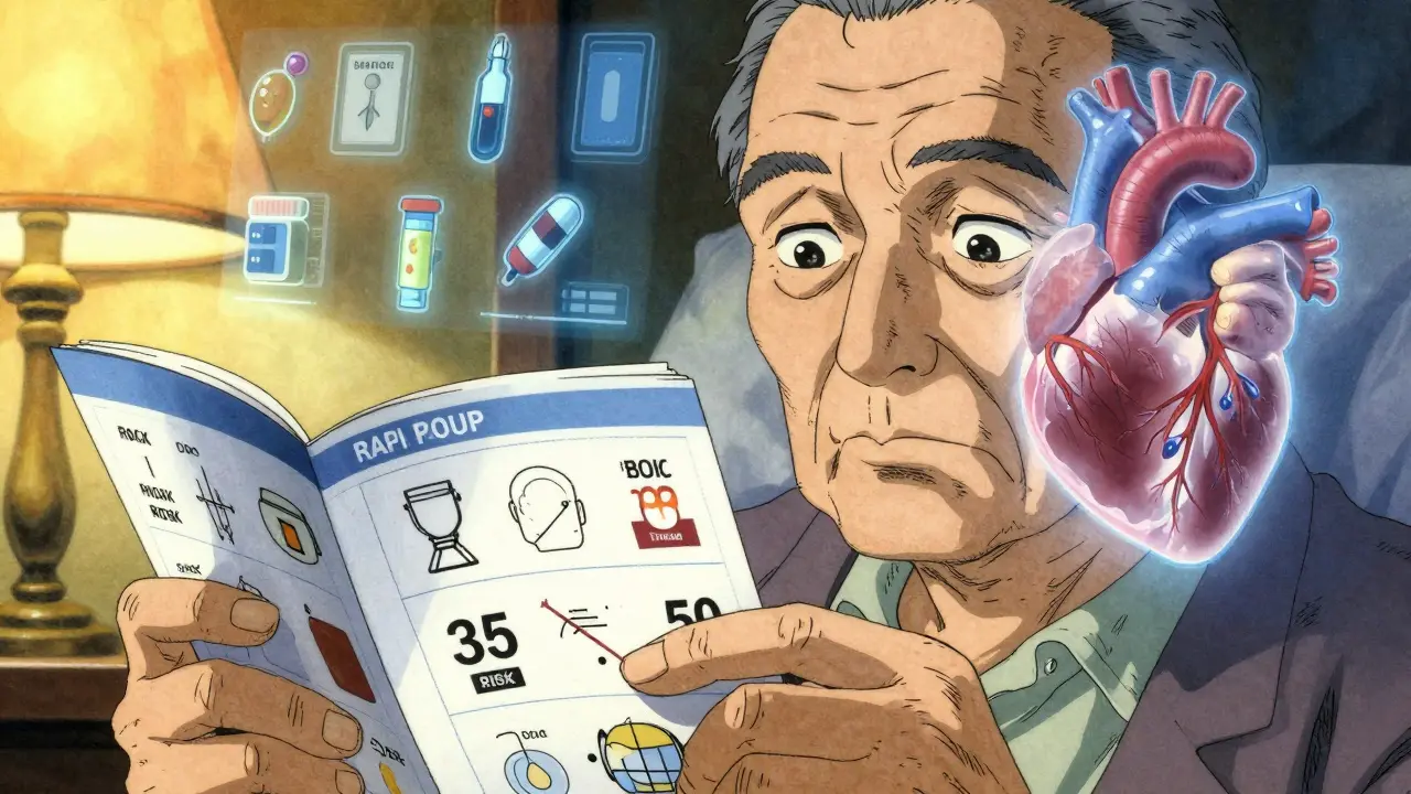 Elderly man studying a printed decision aid with floating personal health risk visuals beside him.
