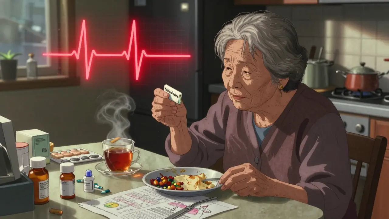 Elderly woman at a kitchen table surrounded by pill bottles, with a red heartbeat graph pulsing above her.