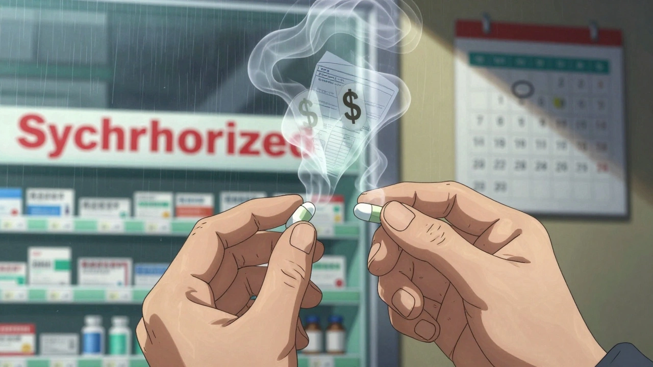 Hands holding combination pill versus separate pills with insurance forms dissolving.