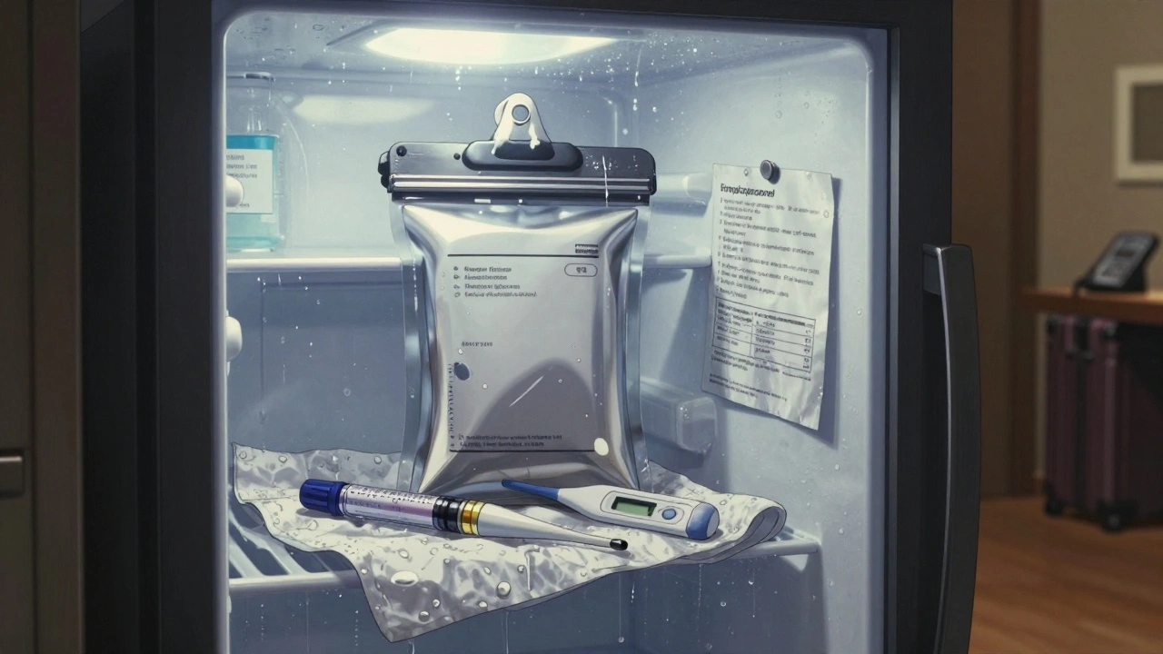 Insulin pens in hotel fridge with digital thermometer showing 41°F, condensation on walls.