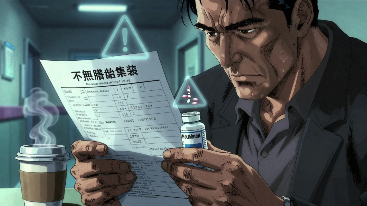 Man holding metformin bottle and CT scan form in hospital corridor with warning symbol above.