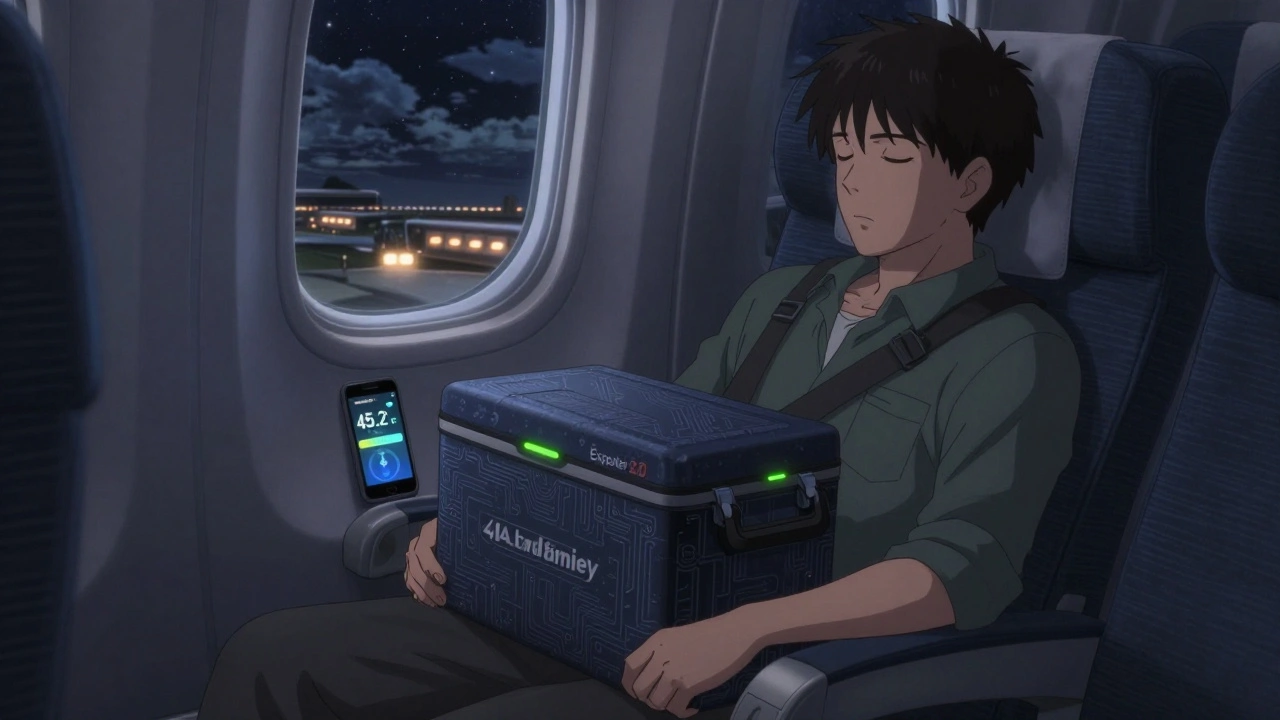 Passenger on plane sleeping with Bluetooth-enabled medical cooler glowing softly on lap.