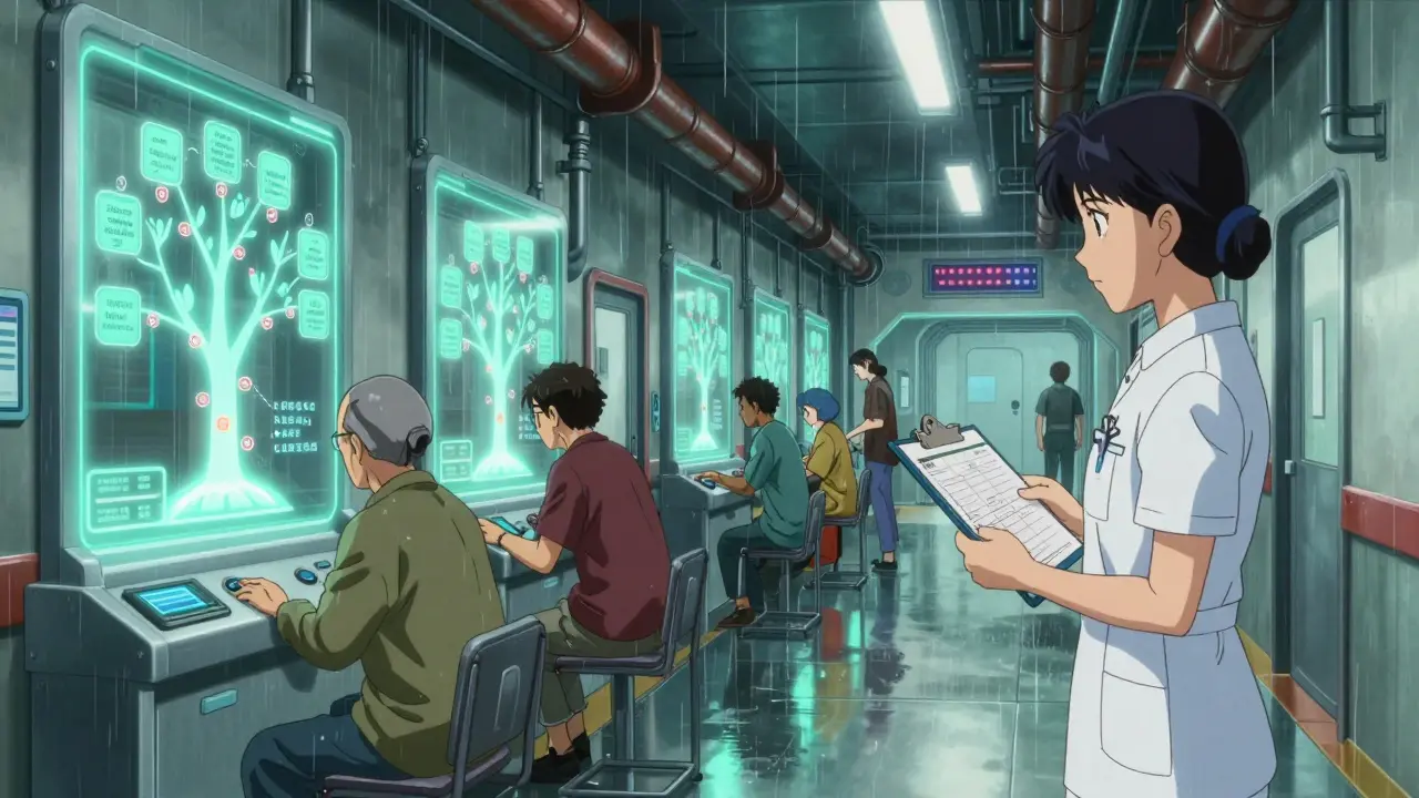 Patients interacting with holographic medication pathway kiosks in a futuristic hospital corridor.