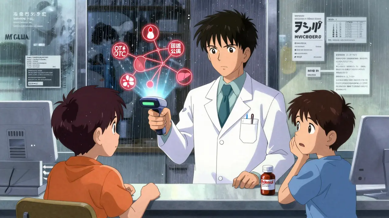 Pharmacist scanning a QR code that projects holographic drug interaction warnings, a parent looking confused.