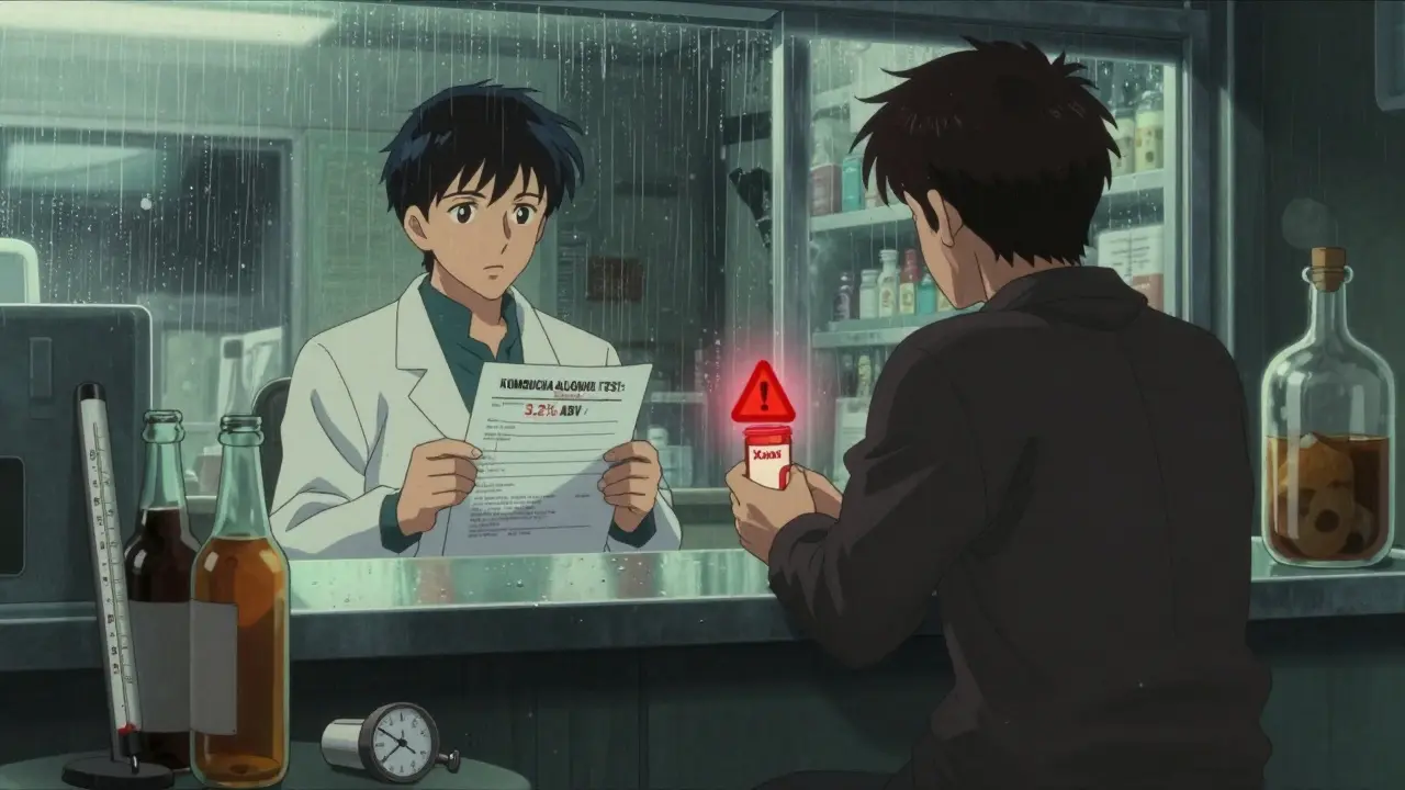 Pharmacist shows high alcohol test result for kombucha as patient stares at benzodiazepine prescription.