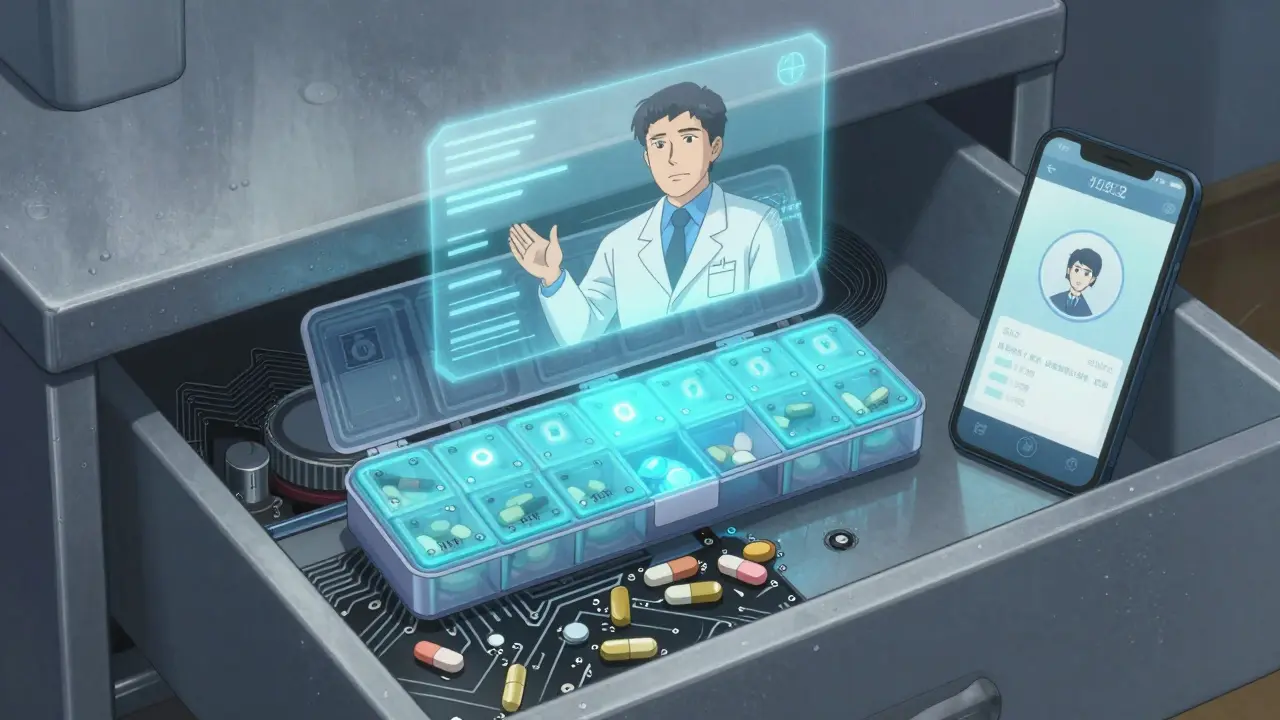 Smart electronic pill organizer glowing with LED alerts and holographic pharmacist instruction in a dry bedroom drawer.
