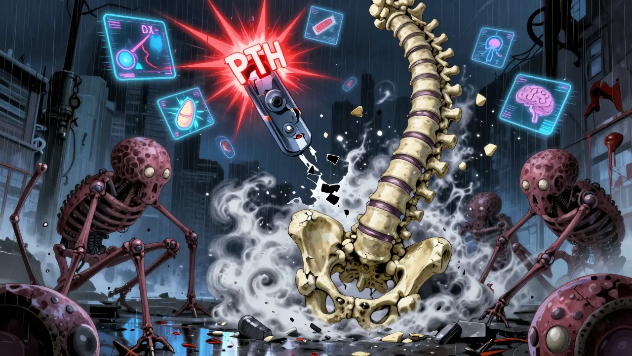 Spine and hip bones dissolving into calcium dust as skeletal cells fight, with a broken PTH switch sparking.