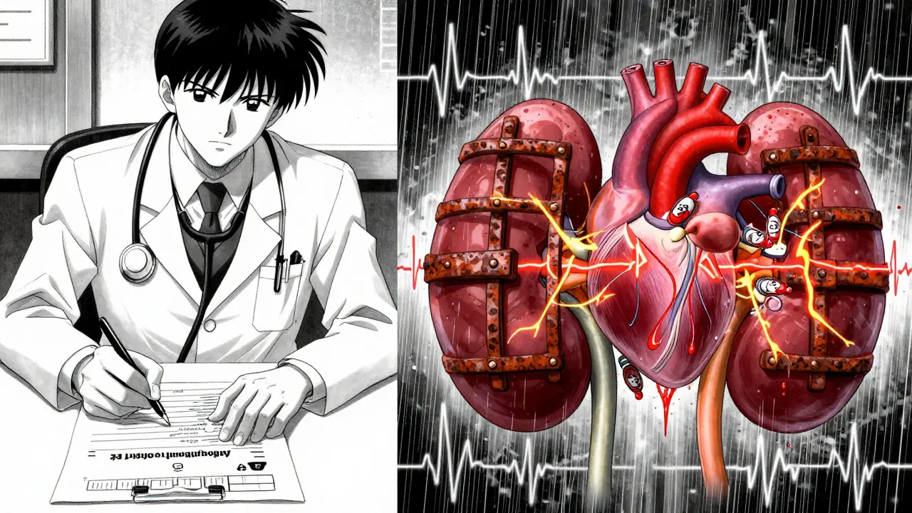 Split-panel medical scene: prescription being written while kidneys block potassium release, heart surges with danger.