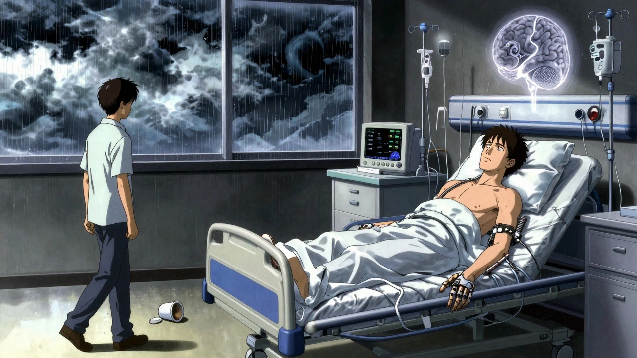 Split scene: one side shows someone walking away from symptoms, the other shows them hospitalized with brain damage visible.