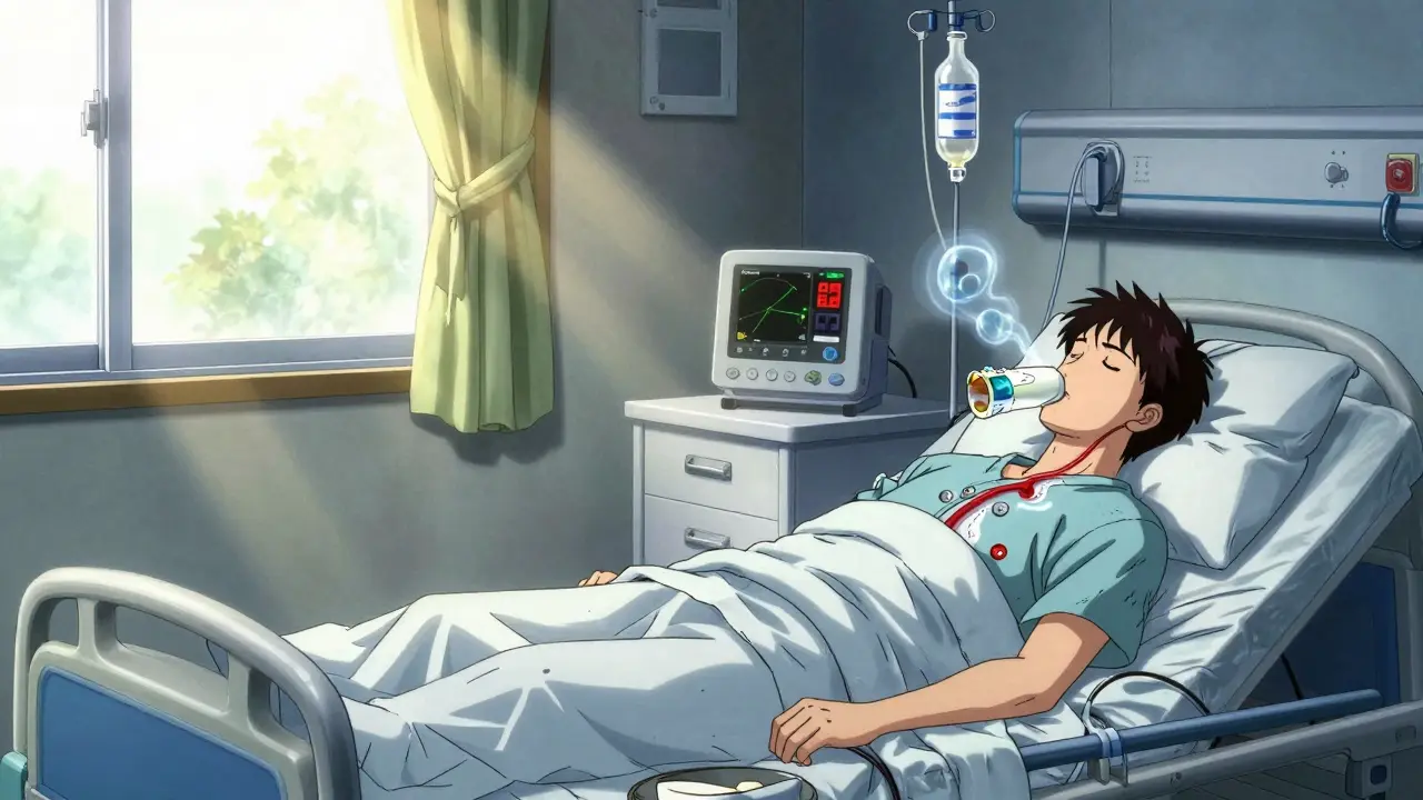 Split scene: peaceful kombucha drinker vs. same person collapsed in hospital with alcohol molecules flowing into body.