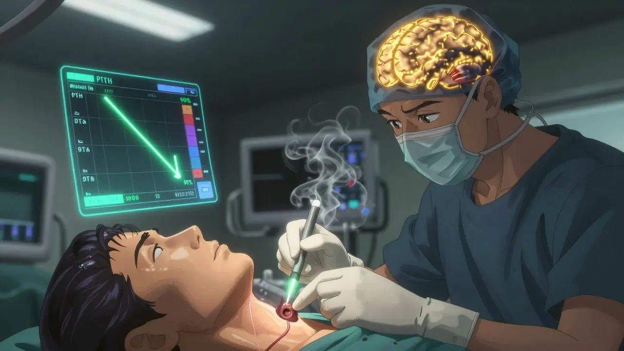 Surgeon removing a pulsating adenoma as holograms show PTH dropping and brain fog lifting.