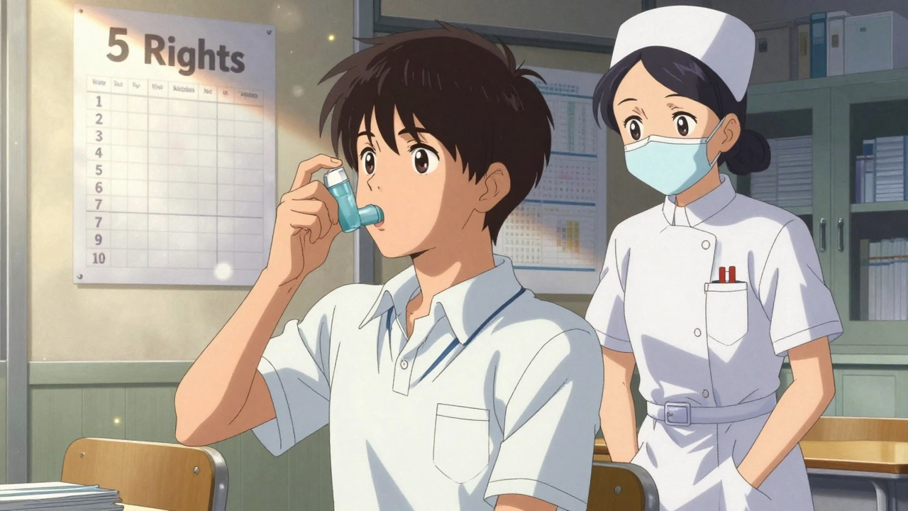 Teenager shows nurse how to use an inhaler correctly in a sunlit classroom with checklist on wall.