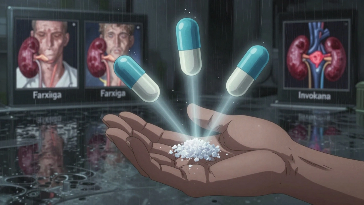 Three diabetes pills hovering above a hand, emitting light to a healthy heart and kidneys, in rainy cyberpunk urban setting.