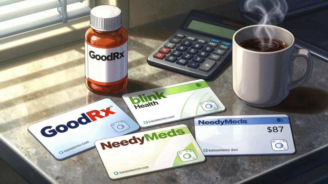 Three prescription discount cards on a kitchen table beside a medicine bottle and calculator showing savings.