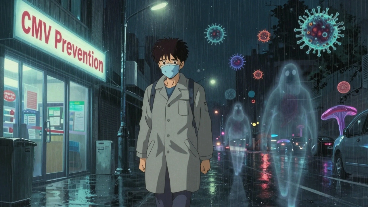 Transplant patient walking at night through rainy city, surrounded by invisible pathogens.
