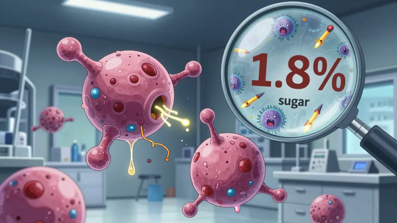 Two antibody molecules side by side, one perfect, one flawed, with sugar differences triggering an immune storm.