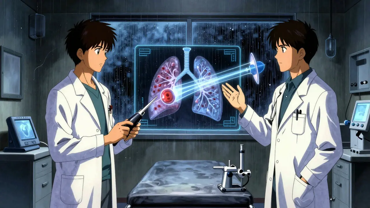 Two doctors facing each other with holographic surgical and radiation visuals in a dim consultation room.