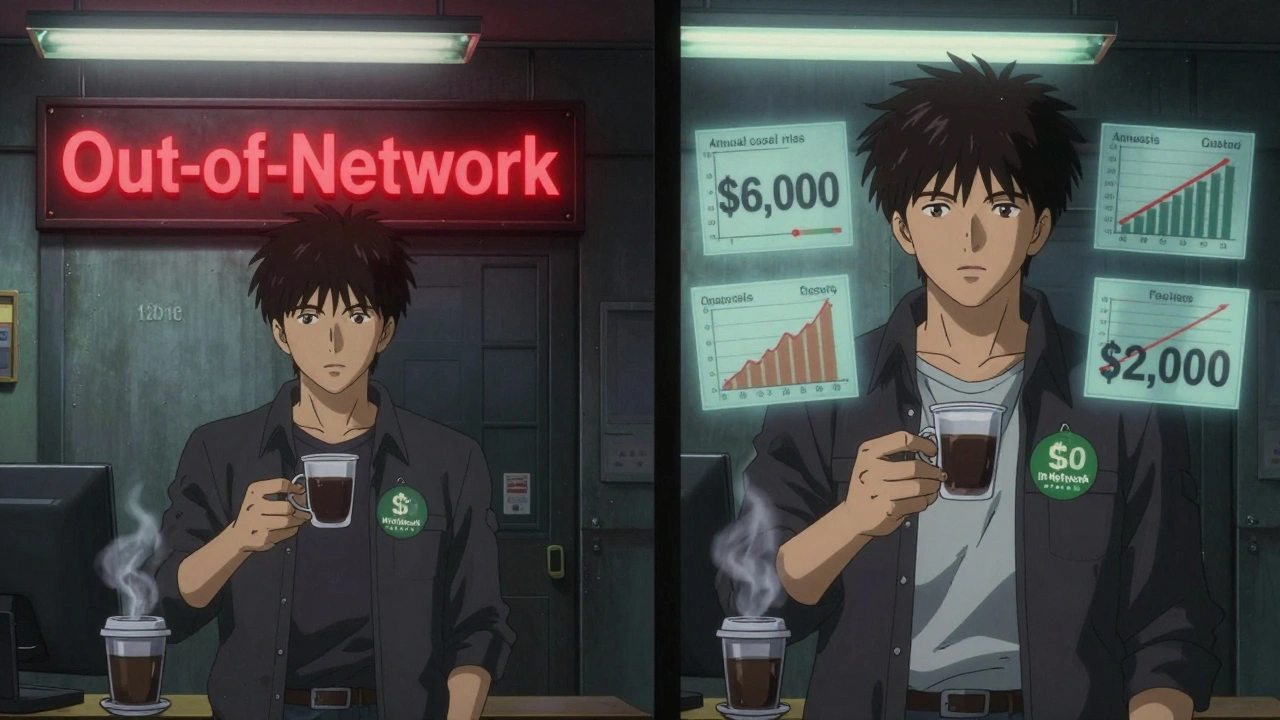 Two parallel scenes: one showing high out-of-pocket therapy costs, the other low in-network costs with comparison graphs.
