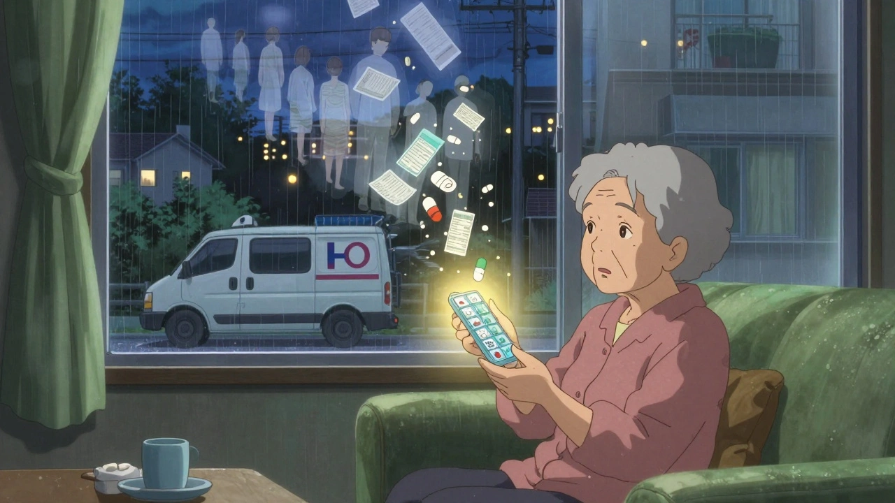 Woman at home with pill organizer, pharmacy van leaving, past medical stress fading away.