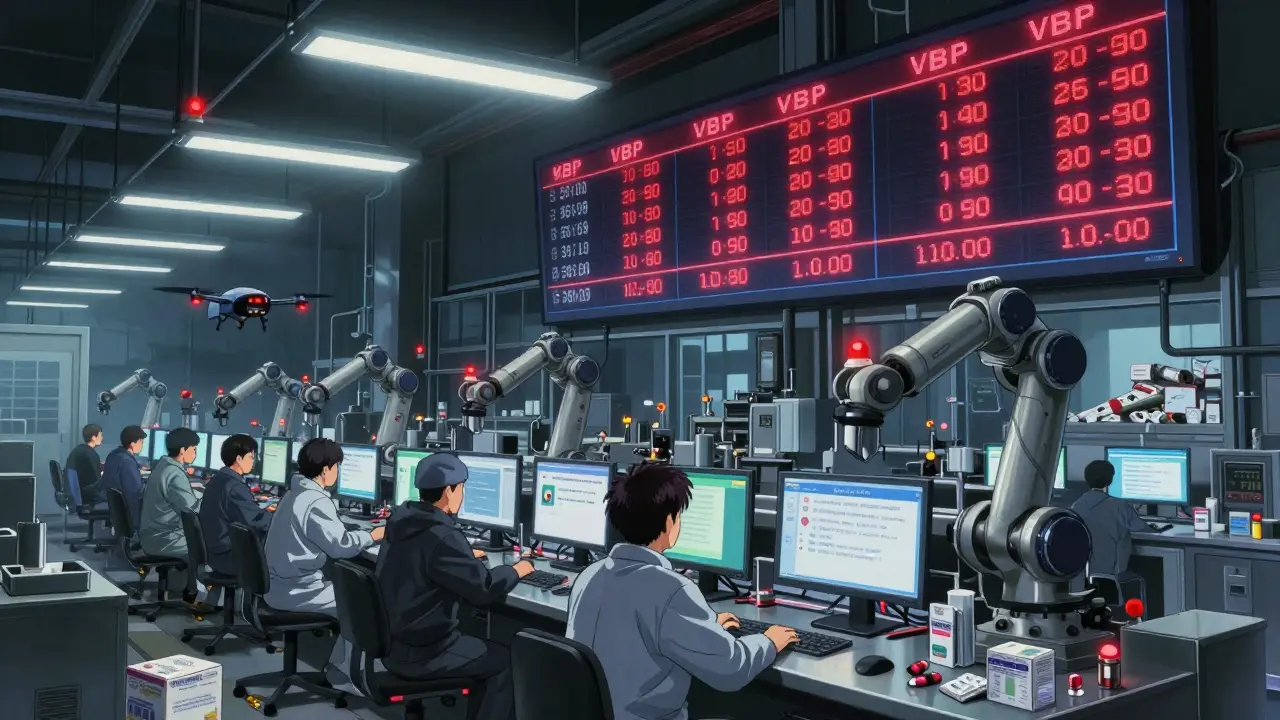 A Chinese generic drug factory at night with robotic arms and falling bid prices under harsh lights.