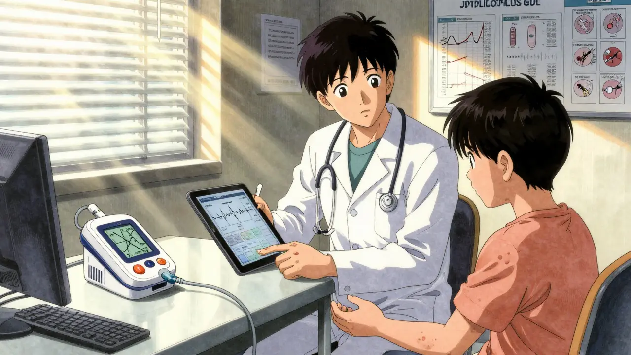 A diabetes educator reviewing pump data with a patient showing skin changes from repeated infusion sites.