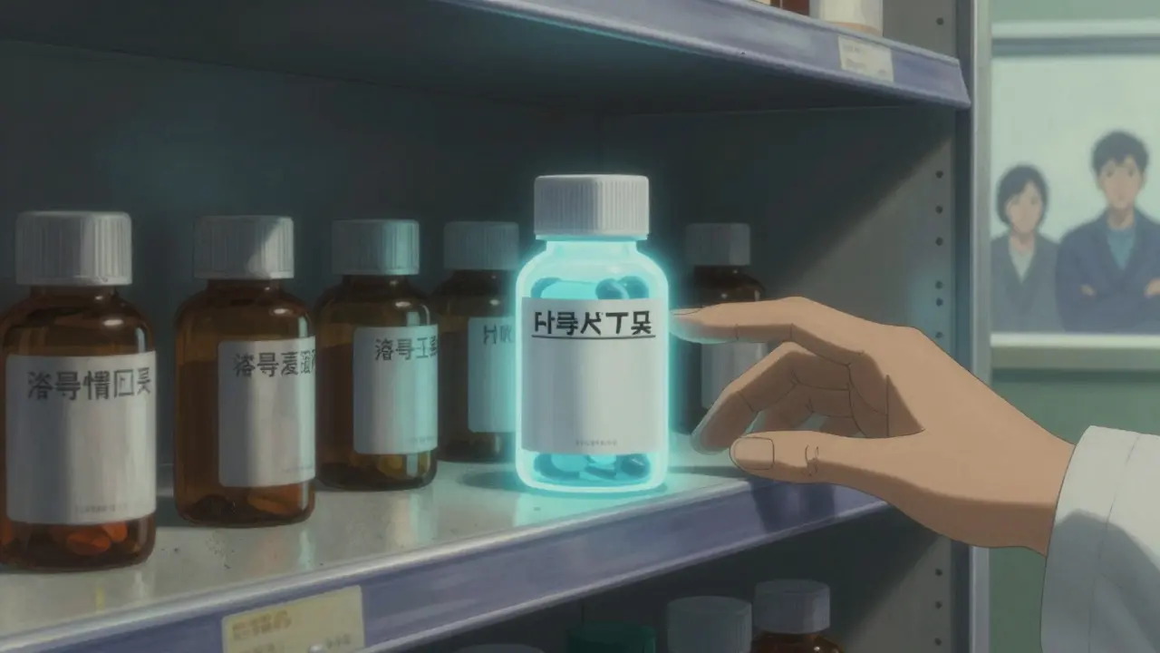 A dominant generic pill bottle glowing on a pharmacy shelf while others remain unused and dusty.