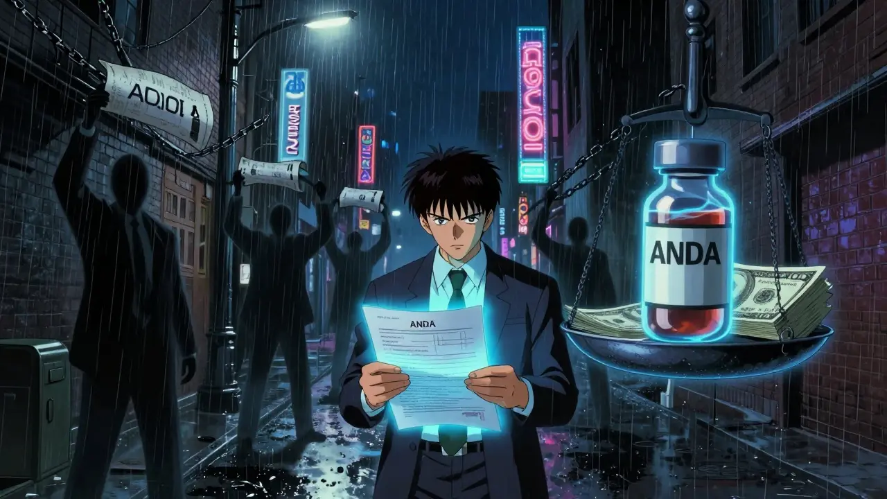 A generic drug executive in a neon-lit Delaware alley, haunted by corporate patent chains under flickering streetlights.
