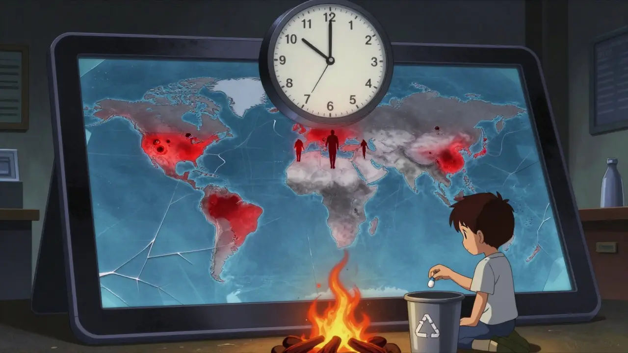 A global map showing infection hotspots and a clock ticking to 2050, as a child recycles an antibiotic pill.