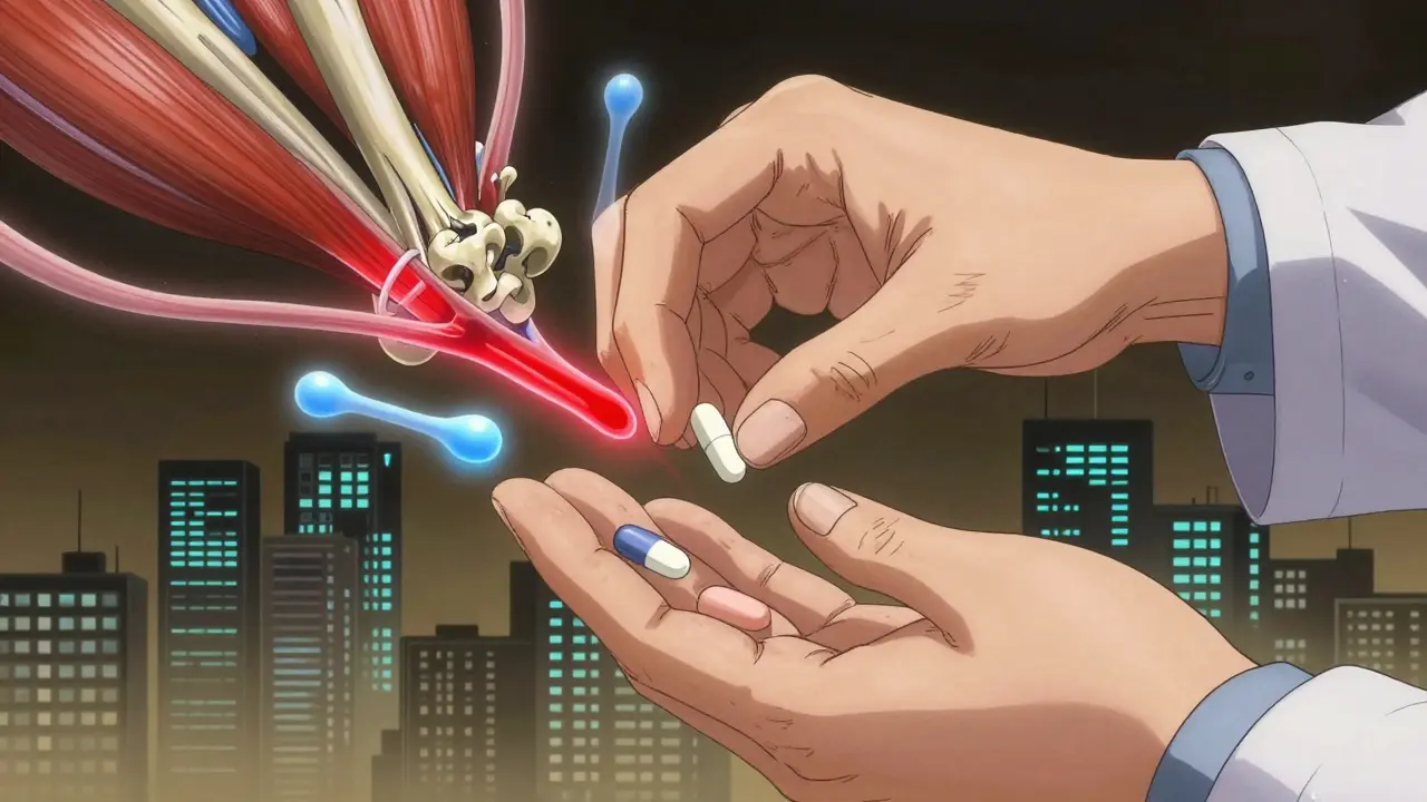 A hand holding a statin pill with glowing muscle fibers and bones around it, a doctor's hand offering an alternative pill.