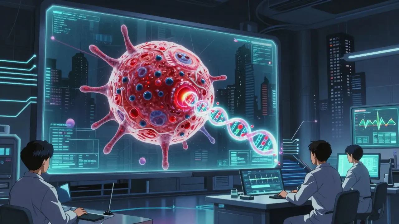 A high-tech lab with holographic tumor DNA streaming through blood, under neon-lit glass interfaces.