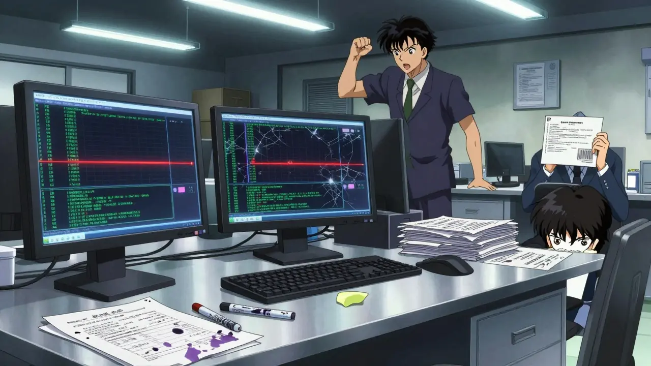 A lab with corrupted digital logs and erased paper records, a manager angry as an employee hides deleted data under fake certificates.