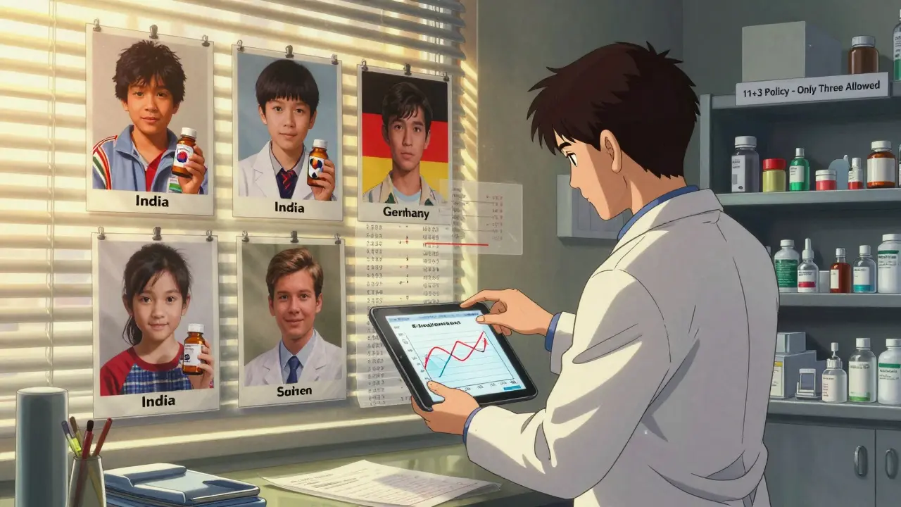 A London clinic with global patient photos and bioequivalence graphs in soft dawn light.