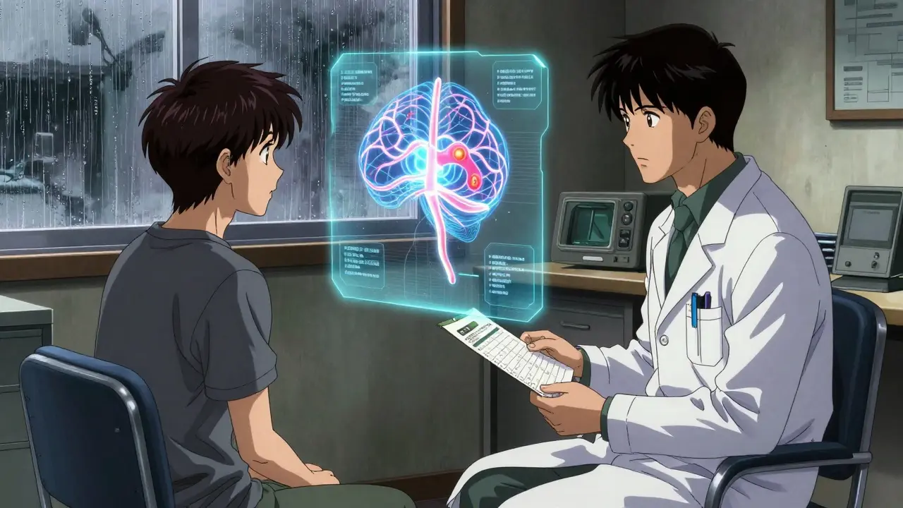 A patient and doctor sit in a clinic, a holographic neural pathway glows between them as rain falls outside the window.