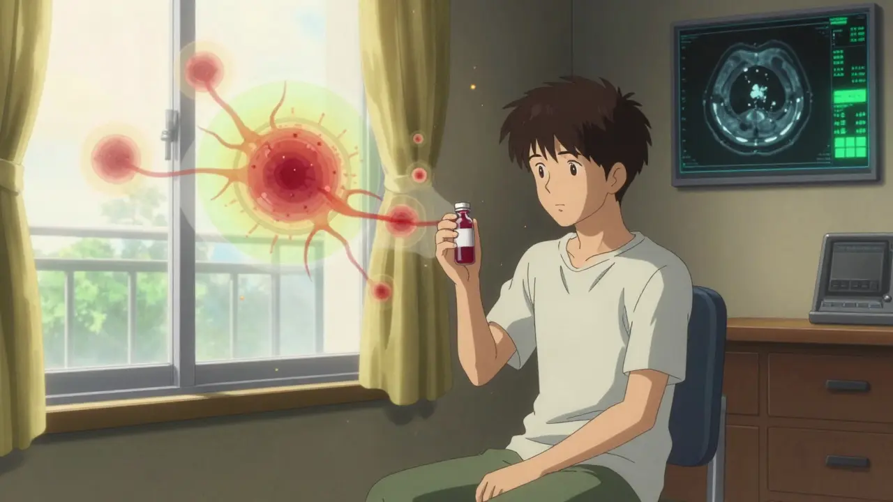 A patient in a quiet room surrounded by translucent genetic data maps, contrasting calm and digital revelation.