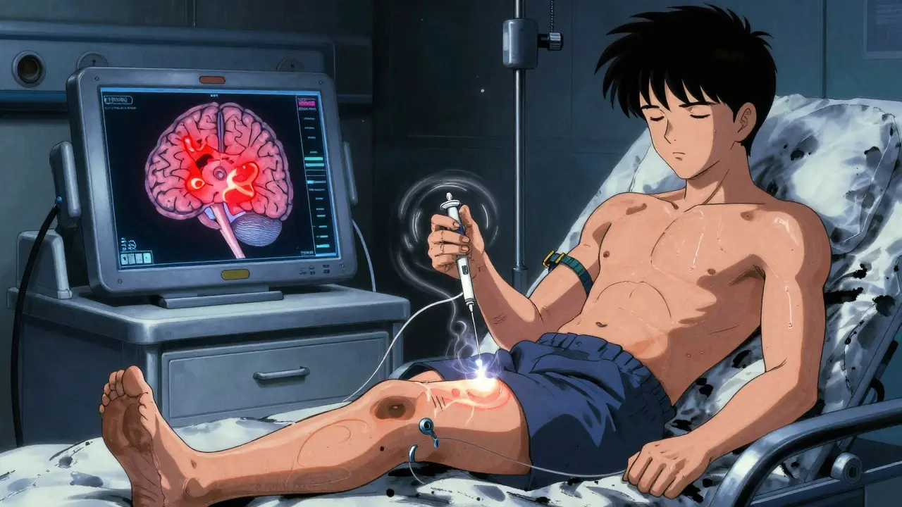 A patient receiving a Botox injection while a brain scan shows neural rewiring in the background.