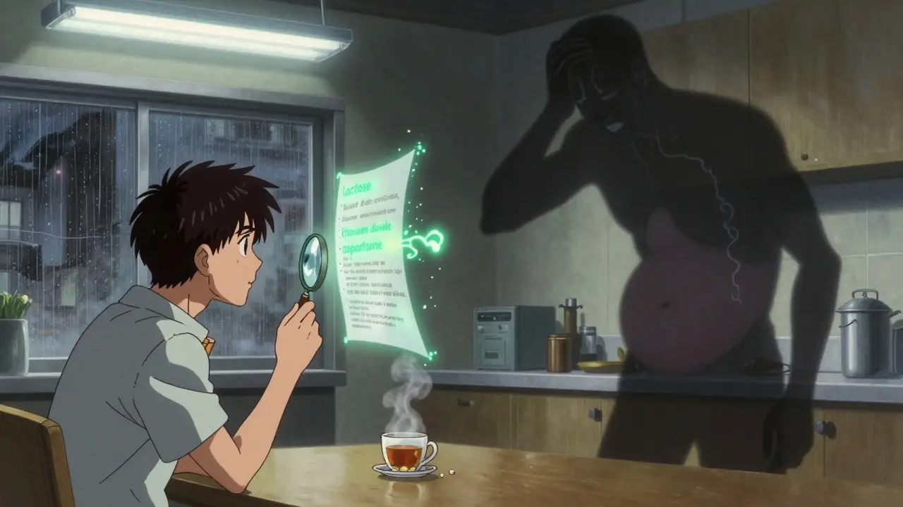 A person examining pill ingredients with a magnifying glass as glowing allergens float around them in a dim kitchen.