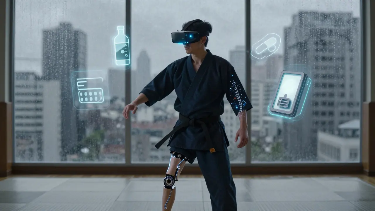 A person in VR therapy seeing their phantom limb move as pain dissolves into light particles.