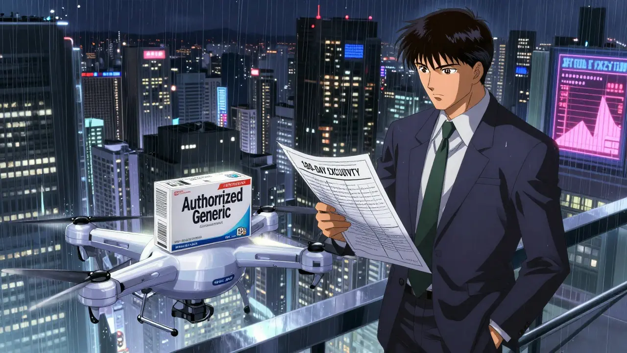 A pharmaceutical executive watches as their own authorized generic is shipped, while the first-mover CEO observes from above.