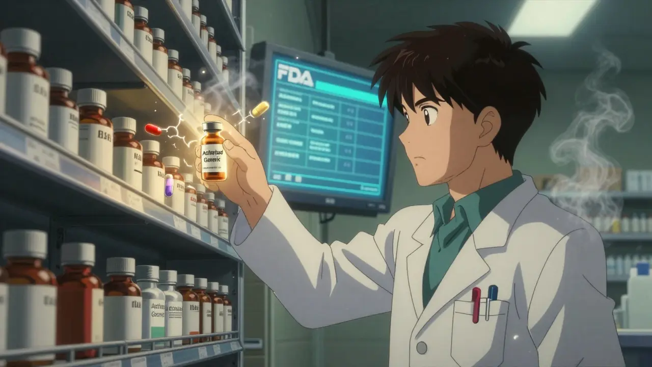A pharmacist holding a glowing authorized generic pill among other generic medications in a high-tech pharmacy.